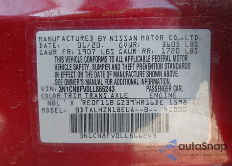 2020 Nissan Versa Sr Xtronic Cvt from USA, damaged, VIN 3N1CN8FV0LL866243
